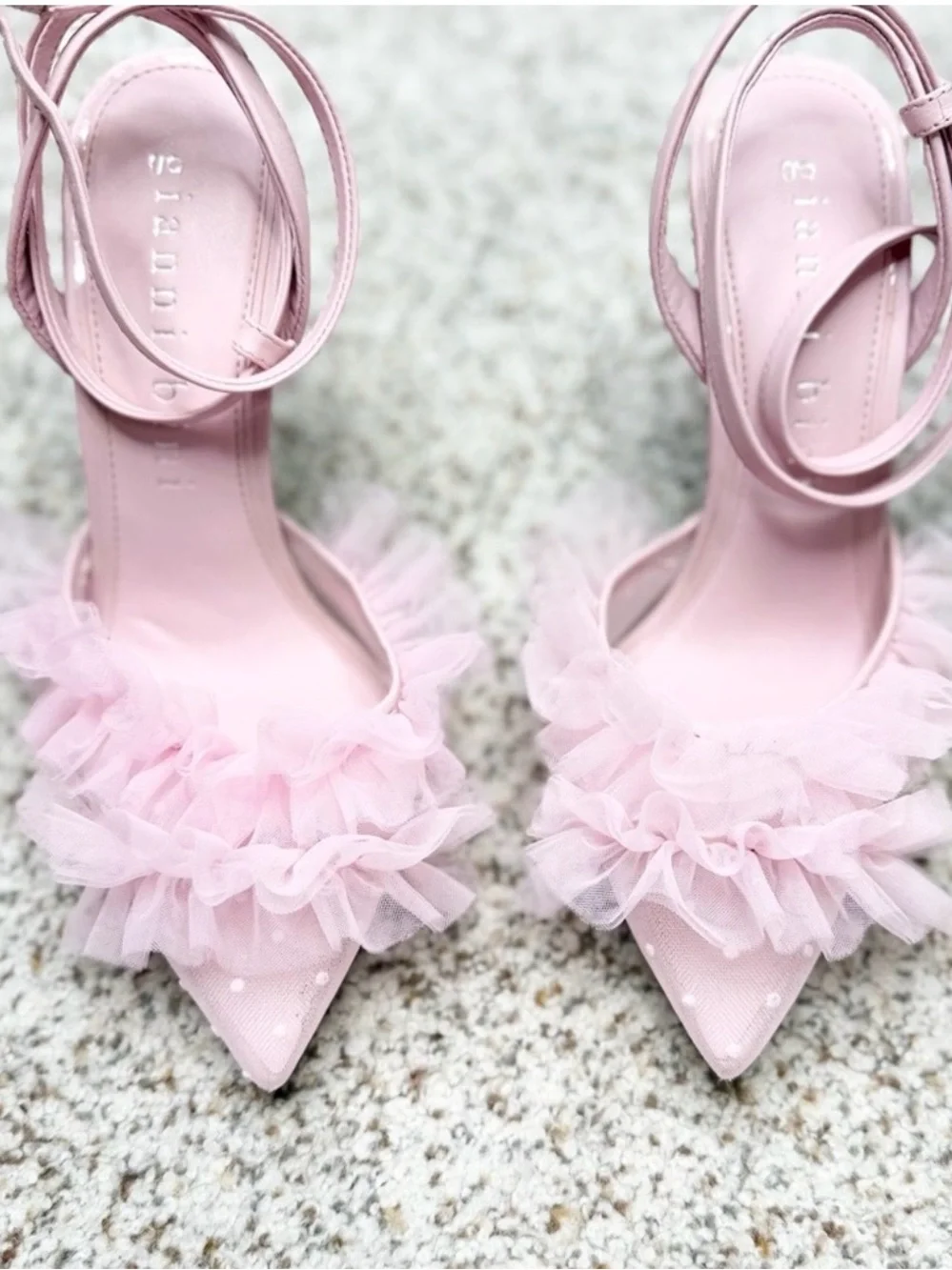 Gianni Bini Pale mays Ruffle mesh pink Pointed-Toe Ankle-Strap Heels